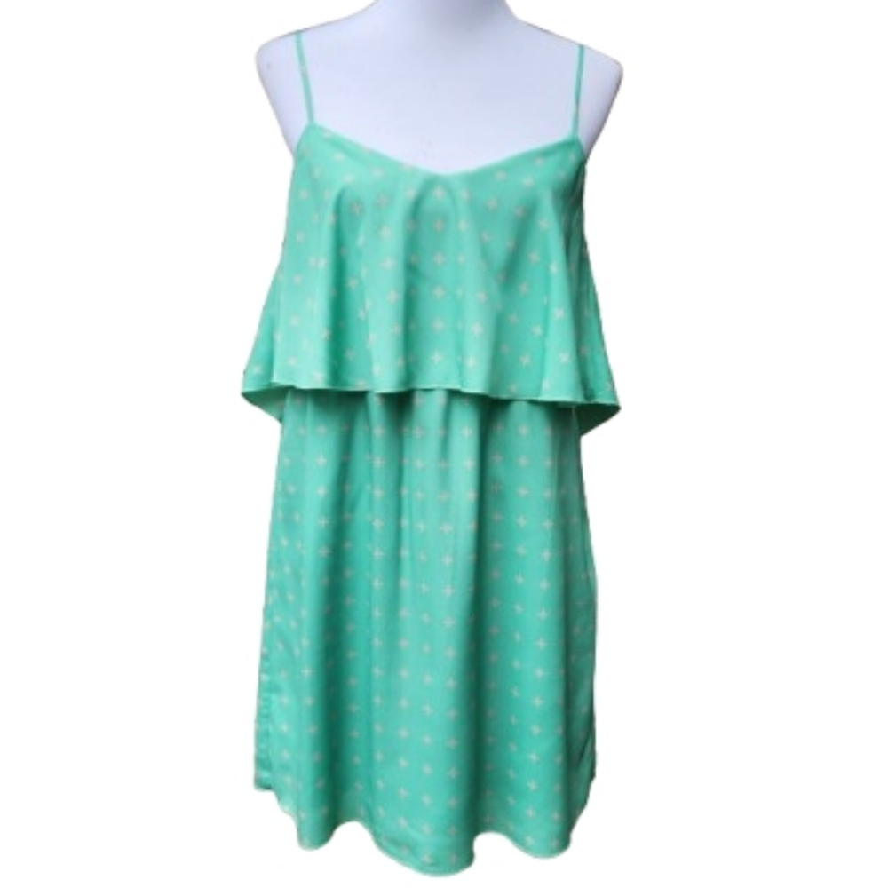 buttons Green Print Summer Dress Ruffle Scoop Back Lightweight Short
